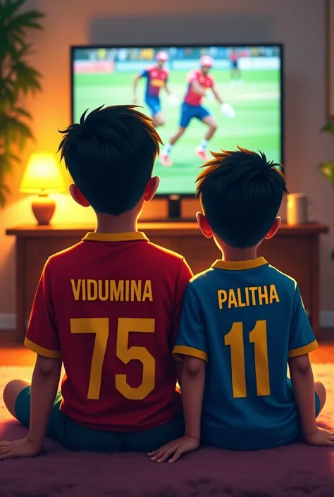 A litle boy and  and father waching the criket match in the tv they are wearing a srilanka cricket team t shirt  named t shirt "vidumina"  named t shirt sakuni father named t shirt palitha.