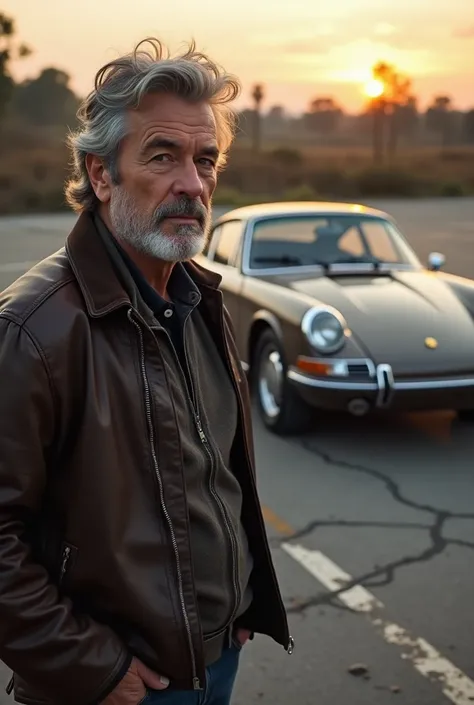 Realistic man with gray hair with old Porsche in abandoned parking lot at sunrise