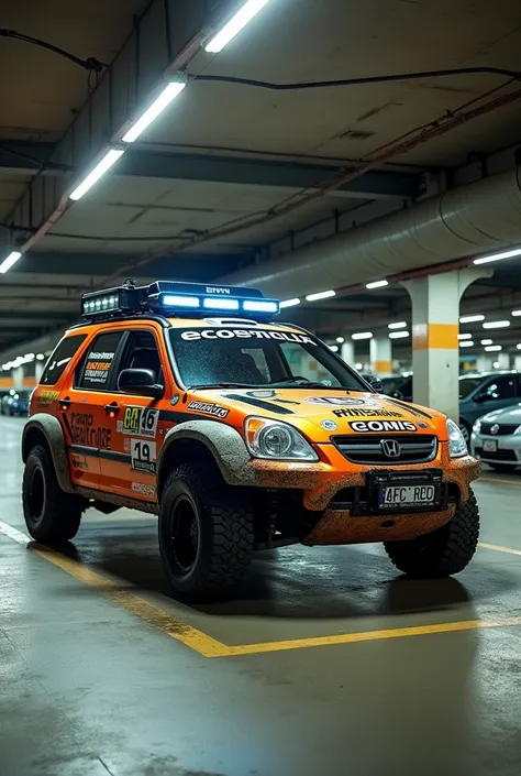 Honda CRV 2004, decorated in rally style mixed with off-road, parked in the basement parking lot of the mall.