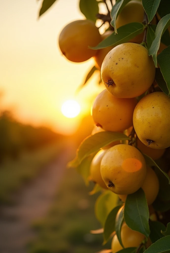 Please help me generate a picture: On the left side of the picture, a bunch of ripe yellow fruits with green leaves emit a delicate luster through the sunlight. The fruit is outlined softly by the sunlight, showing a delicate texture. In the distance are s...