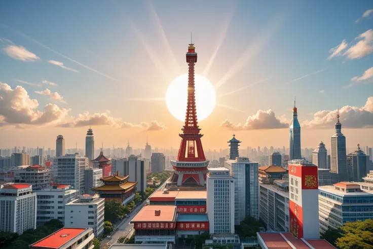 Paper Cut Style， (Shanghai, China， Oriental Pearl Radio and Television Tower:1.4)，City skyscrapers，Auspicious Cloud ，Scenery of the Bund ，Sun rays， Using Psychedelic Color Schemes ，Ultra-detailed illustrations， Light Red and Sky Blue ， Imagined Scenery ，Ps...