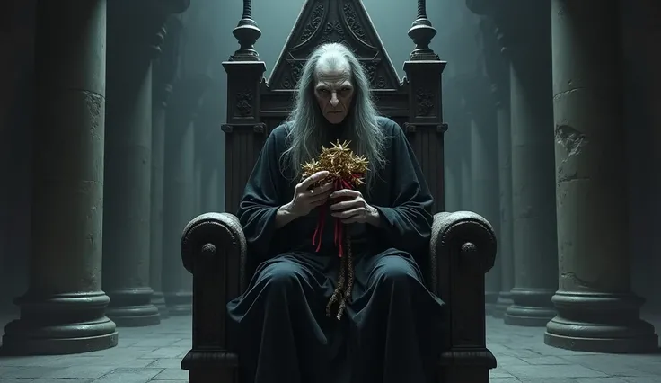 Inside the dark  castle,  A bitter,thin, tall elf (pale skin, sharp features, long gray hair, and a tattered black robe) carrying a Christmas stars in a bundle on hand and sitting on. Dark throne ( full of swords attached)