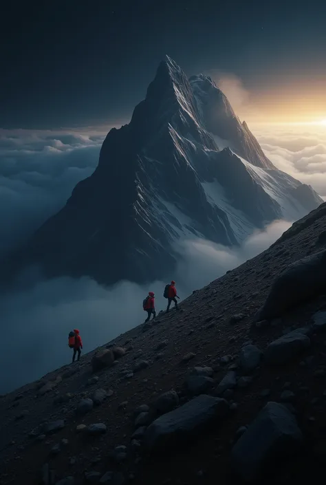 "A dramatic nighttime mountain landscape featuring a group of climbers wearing red jackets and backpacks, trekking up a rocky slope under a dark sky. A towering, jagged mountain peak looms in the background, partially illuminated by soft golden light from ...