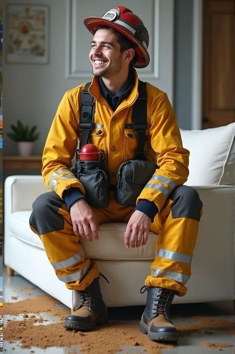 Un jeune sapeur pompier se tient debout, un pieds sur l’accoudoir d’un canapé blanc. De la boue dégouline de la semelle de ses bottes sur le canapé. Il nous regarde en riant.