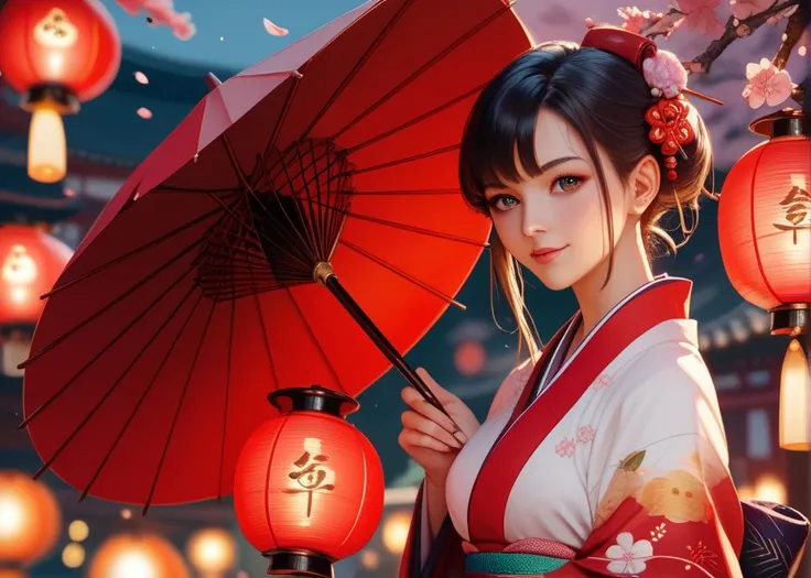 A beautiful japanese in kimono holding a red umbrella. Many lanterns her background.