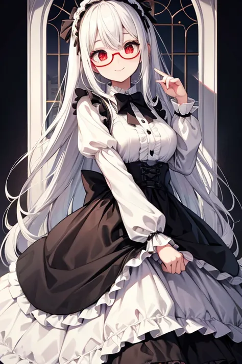  One Beautiful Girl 　Shows up to the waist　 long white hair　Red eyes　A cheerful smile　black and white gothic lolita clothes　Glasses