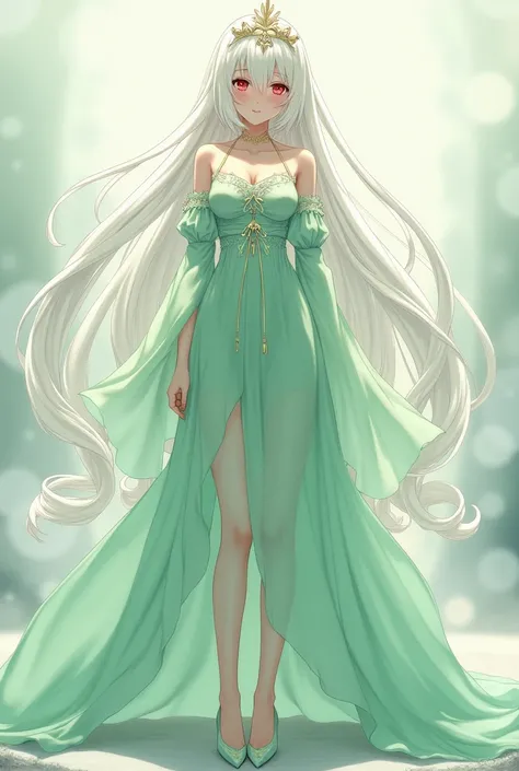 super long white hair, red eyes, pale skin, off shoulder light green gown, light green heels, light green tiara, anime girl