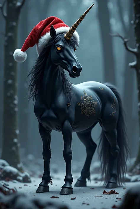 Black Christmas unicorn with a Santa Claus hat and the caption reads SMTK