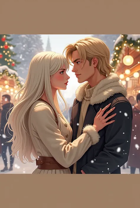 Incredibly beautiful young femme fatale with long white hair and  green eyes , long bangs,  in warm winter clothes , white and light green scarf, walks through the Christmas market with a very high,serious ,handsome adult ,  brave young man with very long ...