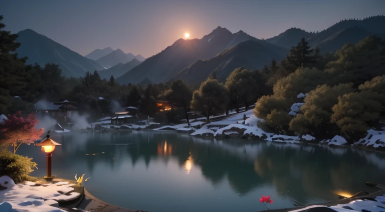 Chinese scenery, ((hot spring)), (Blizzard), (firefly), (Paper Kite), (midnight), (moon), Hilltop Shrine, ((flower)), Beautiful scenery, Realistic lighting, masterpiece, high quality, Beautiful graphics, High Detail,