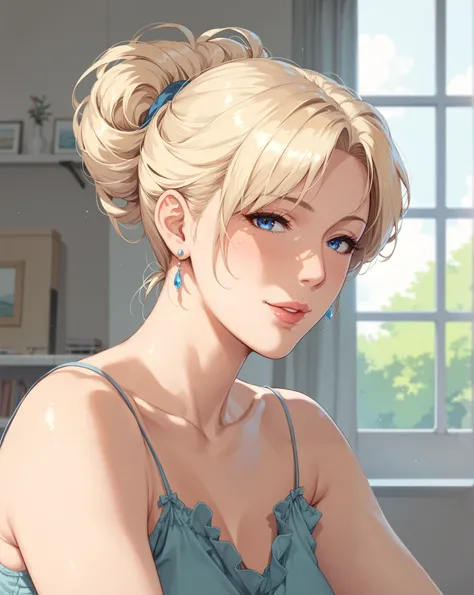 score_9, score_8_up, score_7_up, blonde, blue eyes, perfect eyes, anime milf, mature woman, seductive, home, soft light