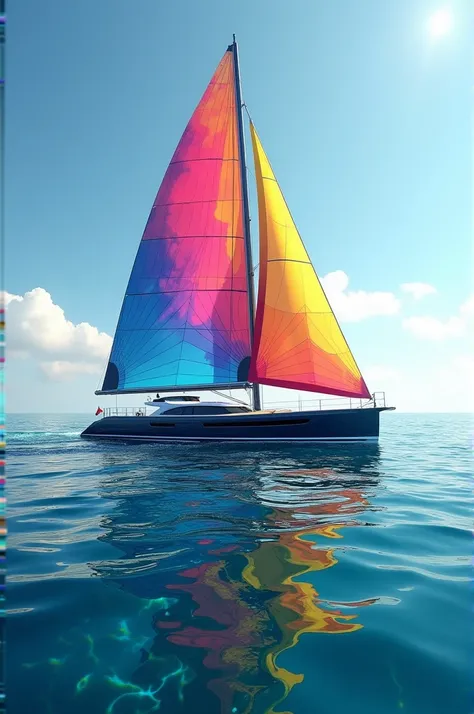 Photo dun magnifique voilier de toute les couleurs avec les voiles dehors, sur la mer, avec des magnifiques reflets sur leau. Vision hyper réaliste et panoramique 