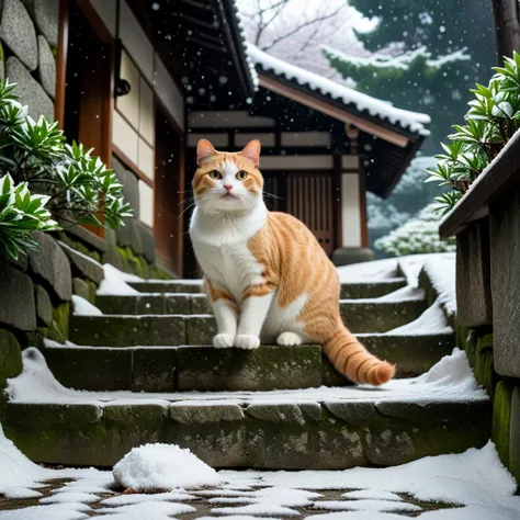 Old stone staircase ,  snow is falling and piling up, Cat with a sharp expression , Leaf background , Japanese Style, Morning Light,  mystical atmosphere