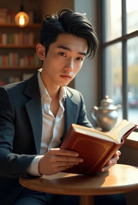 Handsome young man with white skin, good looks, black hair, gray eyes. Reading a book at a coffee shop. 3D picture