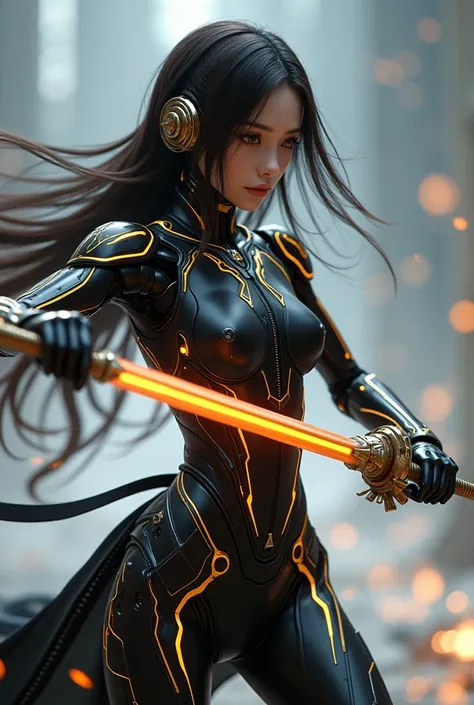  Robot , Futuristic , Black-cut gold ,  wielding a super realistic laser sword ,  ,  Cool fighting pose, The feminine shape ,  is beautiful ai. ,  hair is harmonious, human-like.