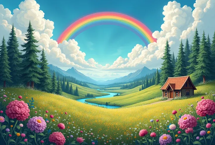 A colorful and whimsical landscape with a small cabin nestled in a lush, flower-filled meadow . In the background, there are tall pine trees and a winding river . The sky is filled with swirling clouds and a vibrant rainbow . The overall style is fantastic...