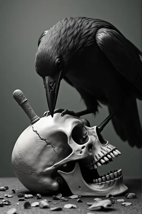 make the background greenscreen with a crow and a skull, the crow is above the skulls head, he is pecking at its head, there is also a dagger stuck in the skulls mouth, and there are leaves floating and falling make black and white horror