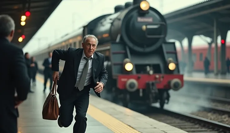 A photo showing a man missing a train for time and a bag on his shoulder with the train in front of him and him running behind the train
