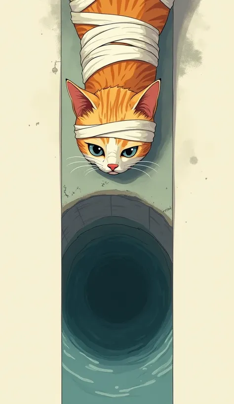 A bookmark showing a cat with a bandage all over its body looking down from above a hole filled with water