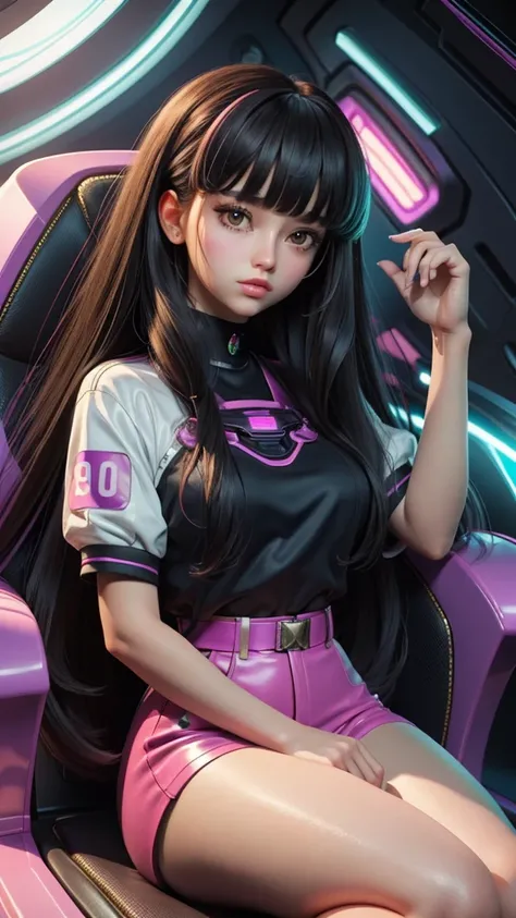 Masterpiece, Top Quality, Super Detail, 8K, 1girl, blunt bangs, long hair, vaportrap, retro-futurism background, 80s look, sitting in future chair