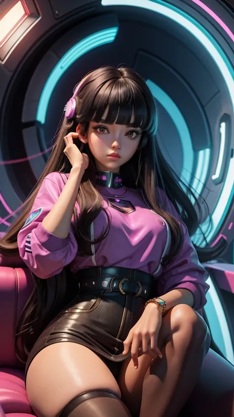 Masterpiece, Top Quality, Super Detail, 8K, 1girl, blunt bangs, long hair, vaportrap, retro-futurism background, 80s look, sitting in future chair