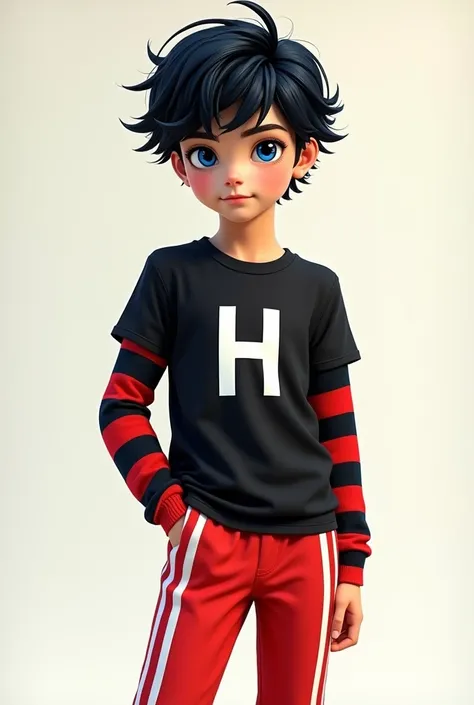  Make the black haired boy character , blue-eyed,  wear a black shirt with the letter h ,  striped sleeves red striped top, white striped bottom  