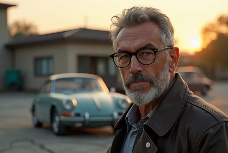 Realistic man with gray hair with beard and glasses with old Porsche in abandoned parking lot at sunrise