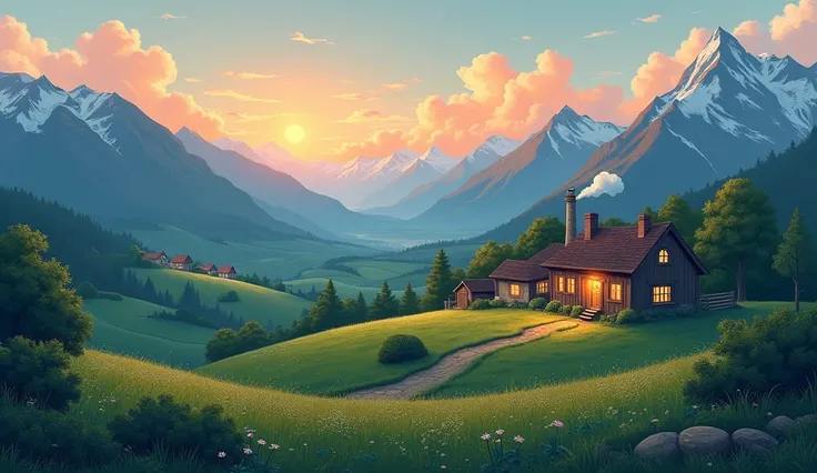 Create a lofi image of a village beautiful fields, mountains, beautiful evening colorful, 