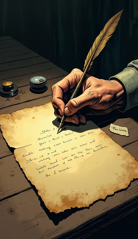 Comic book art style Image of an old letter being written by hand.