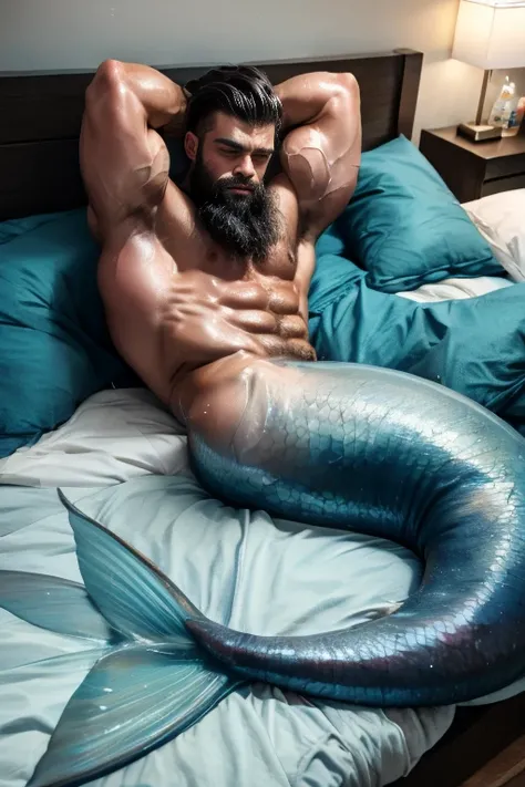 Muscular wet man with blue muscular mermaid tail instead of legs. Lying tired and sleeping on bed. Wet body. It is oiled ,  cracked and greasy . Ass. It is very much oiled and wet. black long hair, black long beard. Its raining , raining. 