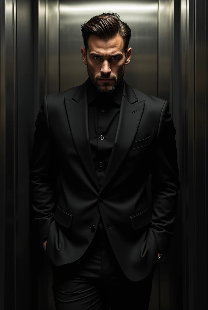  A young man in the elevator wearing a tight black suit.., Athletic, attractive and manly. Arrogant and cunning .  belly leaning against the wall    