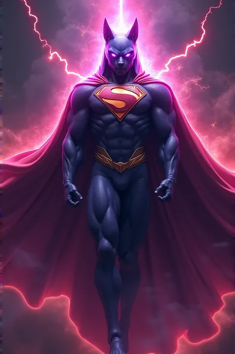 "Create an image of a hybrid character that combines Superman and Beerus. The figure has a muscular, god-like physique, with a humanoid build similar to Superman but infused with feline features reminiscent of Beerus. The face is sharp and cat-like with po...