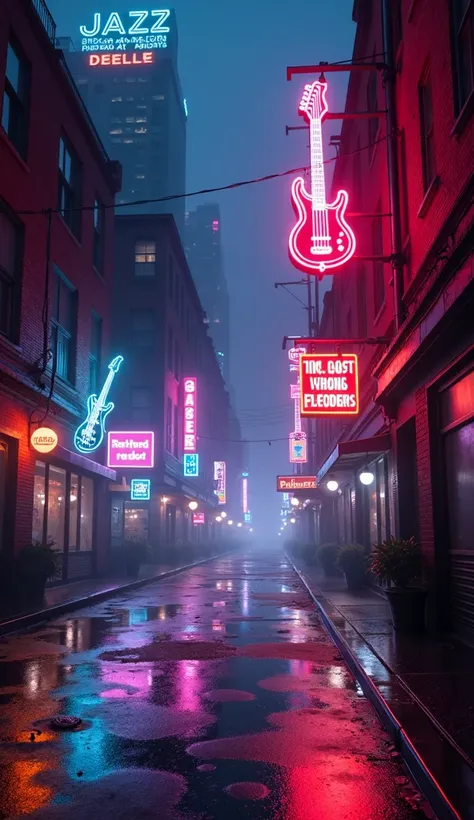  A city illuminated by vibrant neons shaped like guitars and saxophones ,  shining in shades of purple , blue, and deep red.  The stage is a rainy night ,  with the reflection of lights in the wet streets and a dark and mysterious environment .  The tall b...