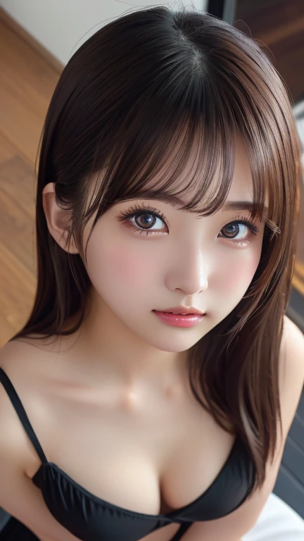 8k、 top quality、（ beautiful）、Precision Eyes、Brown Hair、 stare at the camera before meals、 upper body、close-up、 soft breasts、 Embarrassing 、 shot from above、fancy mini dresses