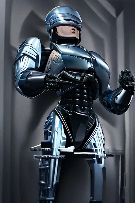 Female Robocop,  beautiful body,   large breasts and slightly longer on one side , Chest cornered against a wall , Raise your hands and surrender ,  frightened expression 