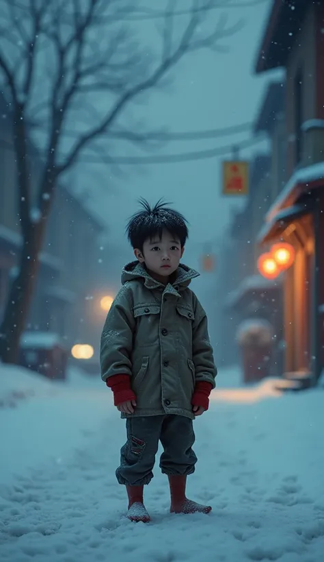 A wide shot of a  Asian boy with a tattered, oversized jacket and torn pants, standing barefoot in the middle of an empty, snowy street on Christmas night. Snowflakes gently fall around him as he looks small and lost, his bare feet red and frostbitten.