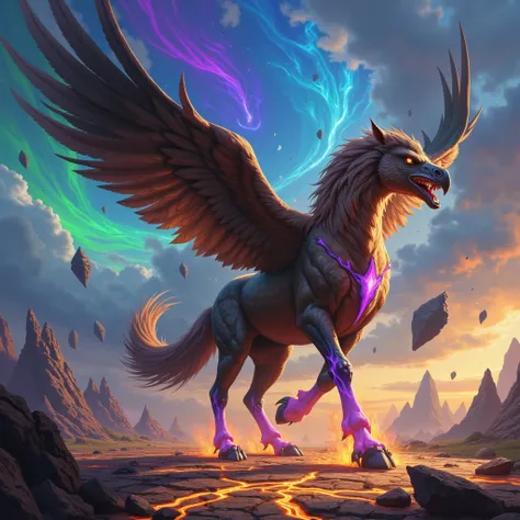 Create 32k ultra-high-resolution artwork of a colossal, hybrid fusion creature combining the fierce, regal elements of both an eagle and a horse. This majestic entity stands towering and muscular, its massive eagle wings unfurled to their full, awe-inspiri...