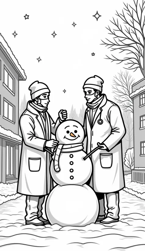 "Simplified monochrome lineart vector outline of doctors building a snowman outside a hospital with festive decorations and snow falling, in colouring page style for adults. :: shading, gradient, hatching, stippling, grey, complex, text, logo, signature::-...