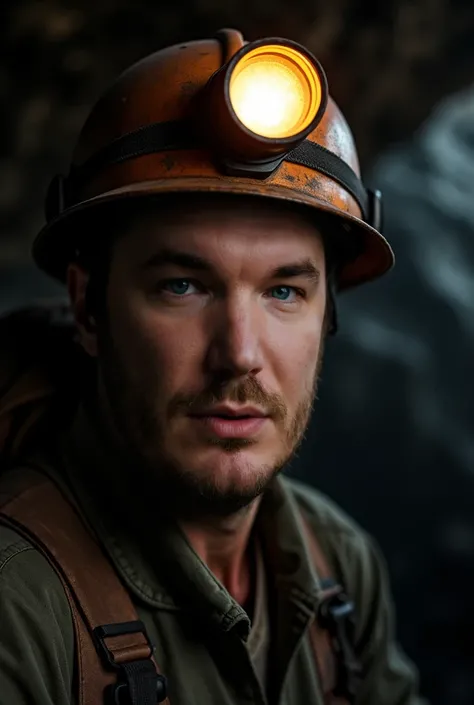 Ракурс немного сбоку, A rugged male explorer with a serious and focused expression, wearing a miners helmet with a bright headlamp shining in a dark cave. His face is partially illuminated by the headlamp, casting dramatic shadows across his bearded face. ...