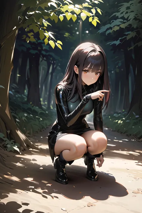 1 girl, (focused face), young adult, long sleek hair, (wearing a stealthy rogue outfit with dark colors), medium breasts, fit, (crouching behind a bush),  
BREAK  
dense forest, dappled sunlight filtering through trees, (scanning the surroundings cautiousl...