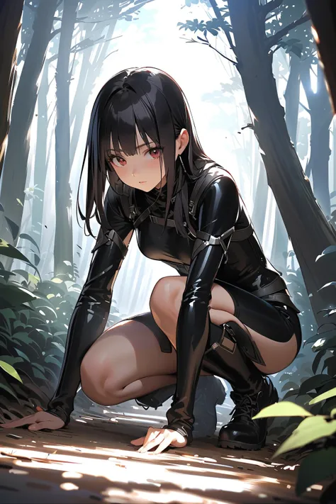 1 girl, (focused face), young adult, long sleek hair, (wearing a stealthy rogue outfit with dark colors), medium breasts, fit, (crouching behind a bush),  
BREAK  
dense forest, dappled sunlight filtering through trees, (scanning the surroundings cautiousl...