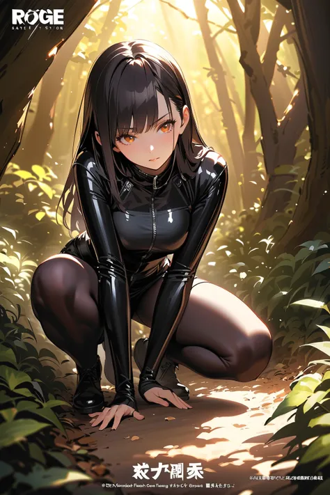 1 girl, (focused face), young adult, long sleek hair, (wearing a stealthy rogue outfit with dark colors), medium breasts, fit, (crouching behind a bush),  
BREAK  
dense forest, dappled sunlight filtering through trees, (scanning the surroundings cautiousl...