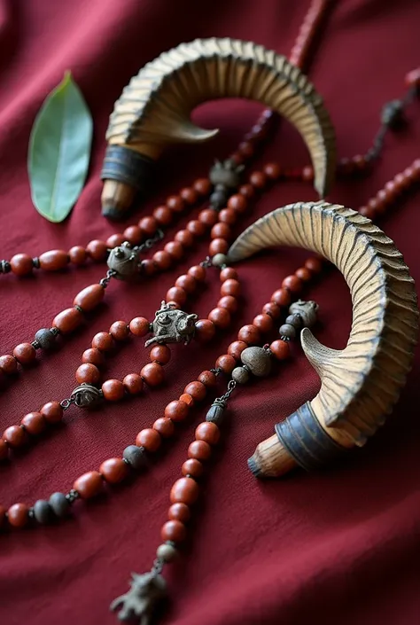 Talisman, cornes de bouc par terre détachées de la tête du bouc, perles rouges, colliers en bois, petites statues taillées en bois, le tout sur un tapis rouge, sorcellerie africaine 