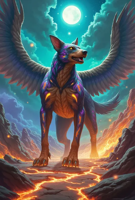 Create a 32k resolution image of a fierce, majestic hybrid fusion creature that seamlessly blends the most fantastical elements of a dog and an eagle into a singular, awe-inspiring entity. This colossal being towers over the vibrant, surreal landscape, its...