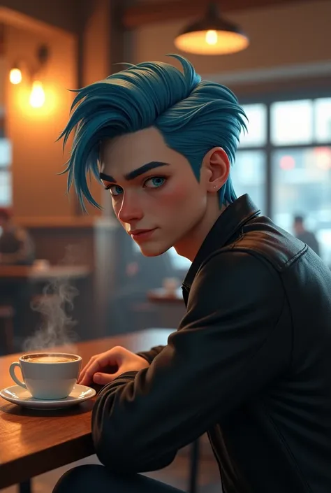 Handsome young man with white skin, good looks, blue hair and gray eyes, sitting with his back turned at a coffee shop, 3D image.