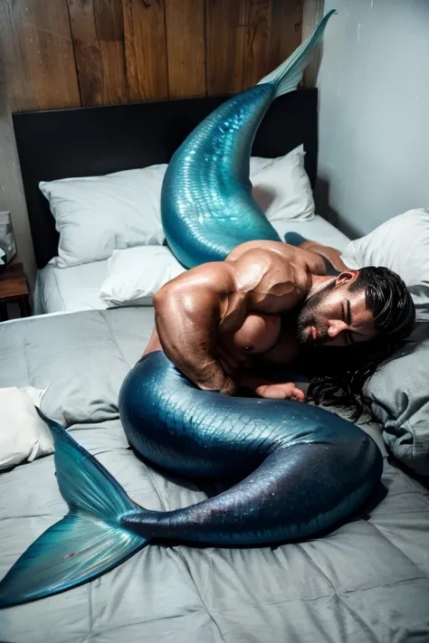 Muscular wet man with blue muscular mermaid tail instead of legs. Lying tired and sleeping on bed. Ass. Wet body. It is oiled ,  cracked and greasy. It is very much oiled and wet. black long hair, black long beard. Its raining , raining. 