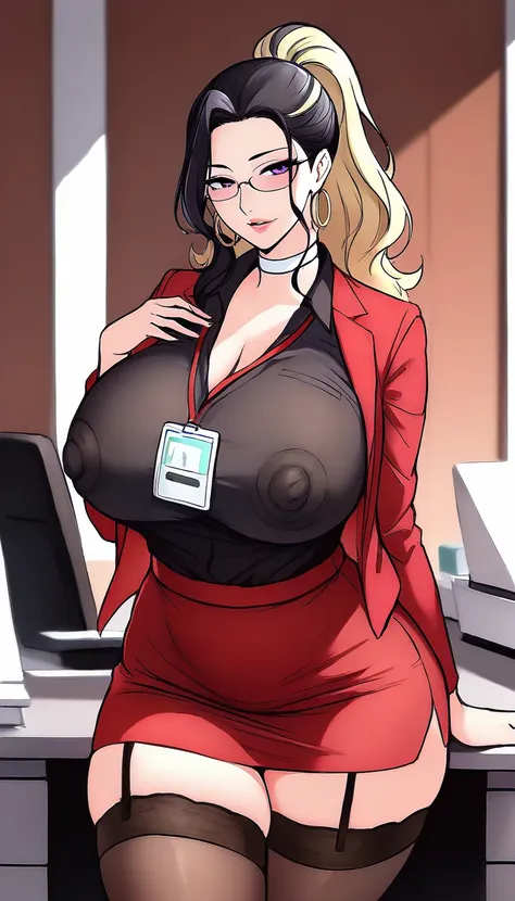  masterpiece,best quality,amazing quality,huge Breasts , Wide hips,1girl,Alone,mature female, black shirt,office lady, thighhighs,garter straps,  parted lips, blonde hair,hair buns,, hoop earrings,cleavage, collared shirt, indoors,office,lanyard,white chok...