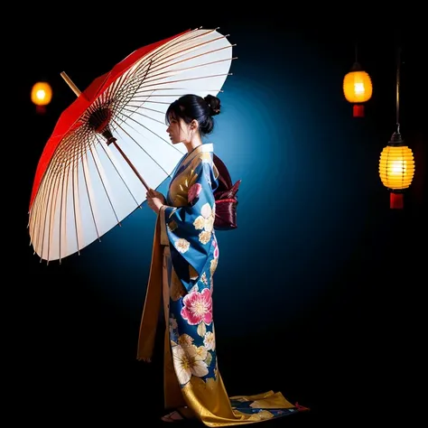 At night, a beautiful japanese in blue floral kimono holding a red umbrella. Many red and yellow japanese lanterns her background at nights. 
Black background. Full body from side view.