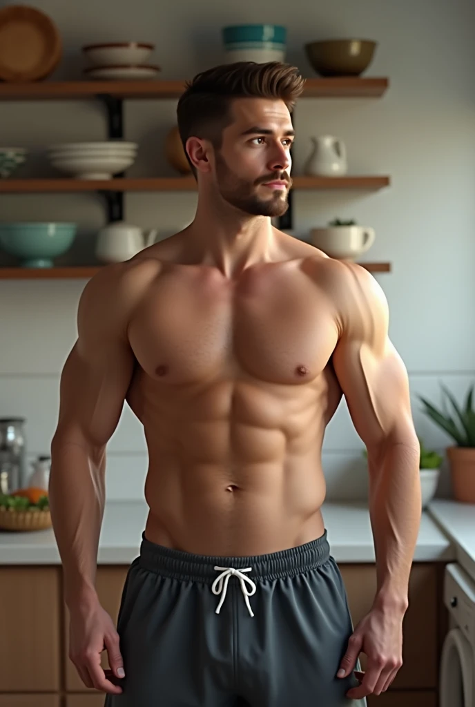 A handsome and athletic young man...   He wears shirtless swingman shorts in his kitchen. Has a relaxed posture, with a light layer of sweat. He has brown hair Best quality ,   realistic , . mustache and beard 