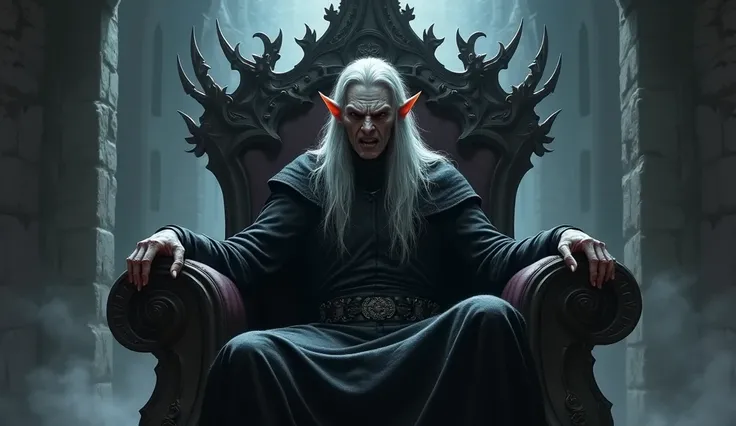 Inside the dark  castle,  A bitter,thin, tall angry ,raging elf (pale skin, sharp features, long gray hair, and a tattered black robe) sitting on. Dark throne ( full of swords attached) angry ,raging expression,hands expression too